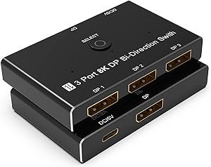 DP 1.4 Switch 8K@30Hz Splitter, Bidirectional Display Port Switcher Box 3 in 1 Out/ 1 in 3 Out, Ultra HD 8K DP Switcher, Displayport Switch 3 Port for PC Monitor Laptop
